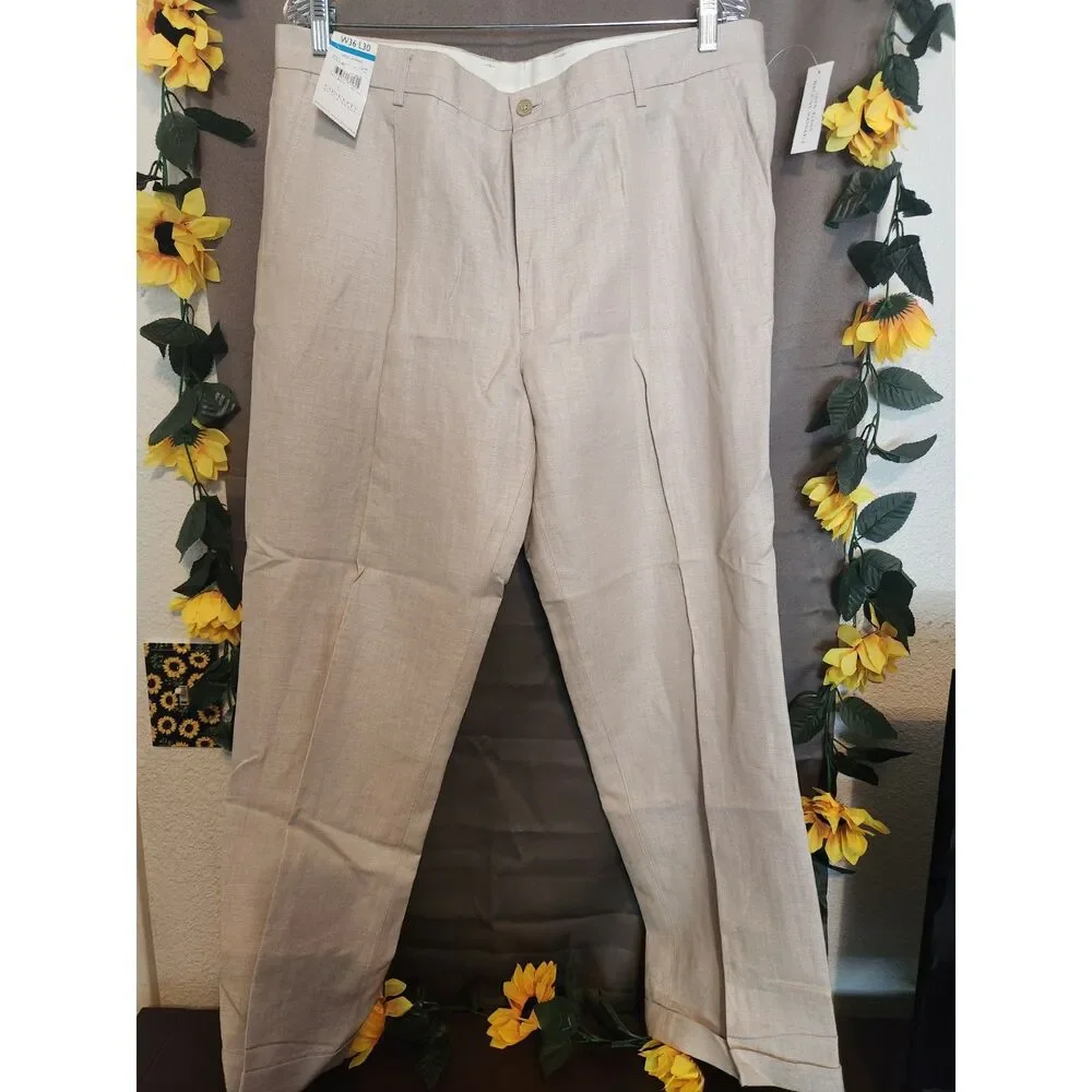 NWT Concepts by Claiborne Men's Beige Linen Dress Pants Flat Front 36W x 30L